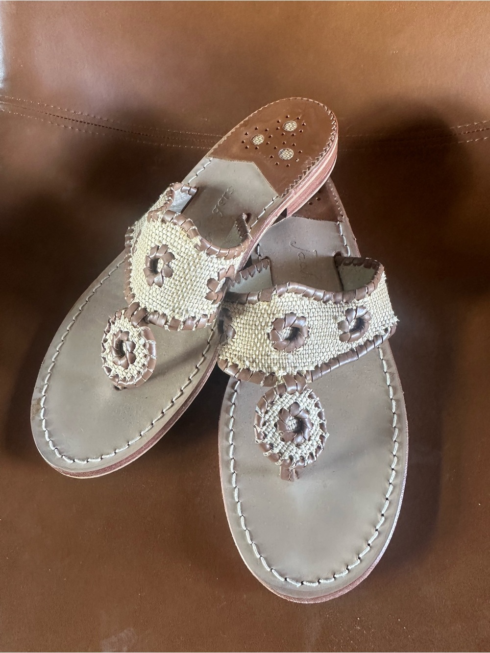 Jack Rogers Navajo Hampton Whipstitch Thong Sandals Tan Est Size 8